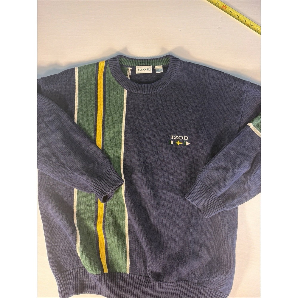 Vintage Izod Xl Men's Long Sleeve Crew Neck Sweater 100% Cotton Navy Yellow